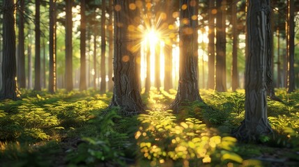 Ambitious rewilding project, oldgrowth forest, dramatic transformation of barren land, 3D render, backlighting, Lens Flare, Closeup shot