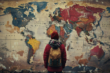 A man stands in front of a large world map, looking at it with interest