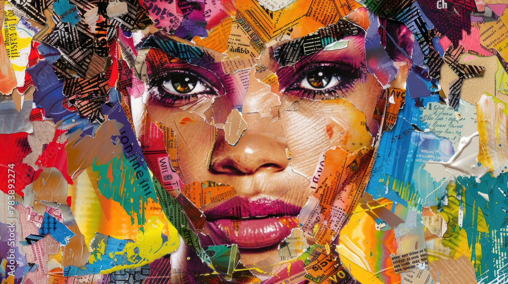 Poster colorful portrait of a womans face with a multitude of different hues creating a striking and dynami