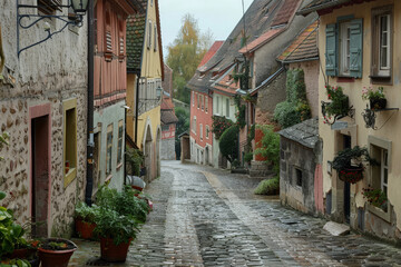 Fototapeta na wymiar A narrow cobblestone street with a row of houses on either side. The houses are painted in different colors, and the street is lined with potted plants. The atmosphere is cozy and quaint