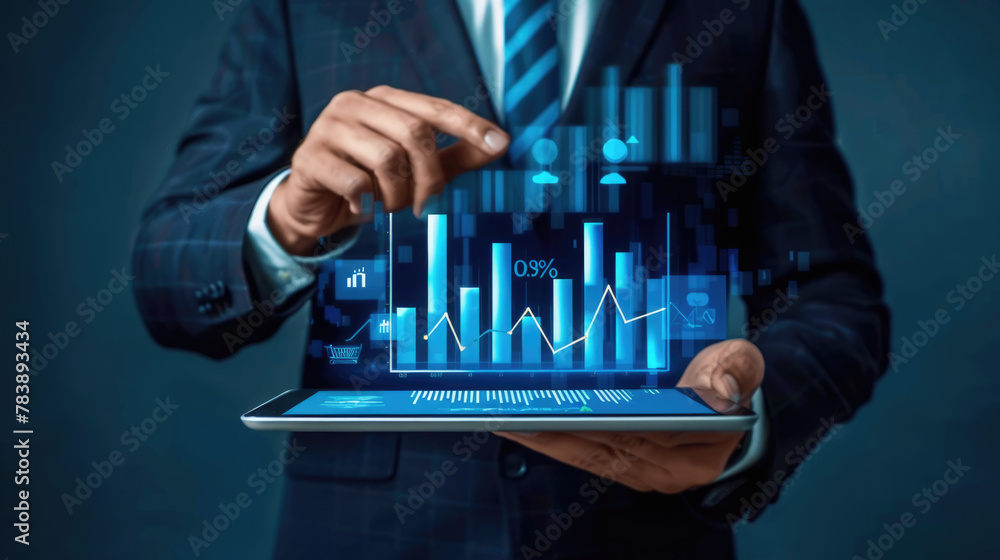 Poster man in a suit holding a tablet displaying a chart, analyzing data for business purposes