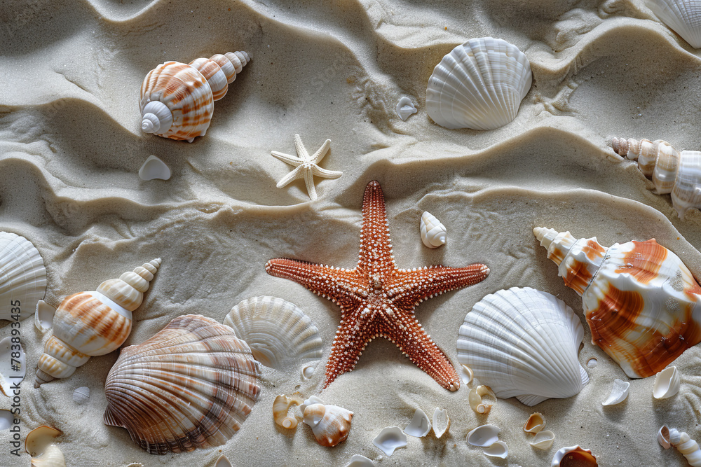Poster a beach scene with a starfish and many shells. the shells are of various sizes and colors, and the s