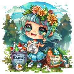 Cute Earth with flower on head holding sign ".style is smiling and happy