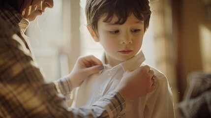 Mother helping child with special needs get dressed