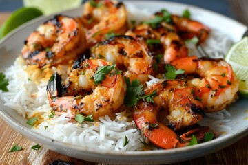 Grilled shrimp over white rice with lime wedges - Perfectly grilled shrimp on a bed of white rice, garnished with lime, ready for a healthy, flavorful meal