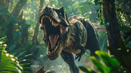 Roaring Tyrannosaurus Rex in Prehistoric Jungle
