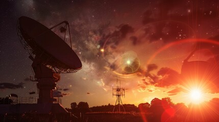 Astrophysicist, radio telescope, interpreting distant transmissions, discovering cosmic enigmas Photography, Backlights, Vignette, Split screen view