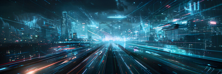 Fototapeta na wymiar Thrilling Concept Image for New Futuristic Sci-fi Movies: Advanced Metropolis Abuzz with Groundbreaking Technologies