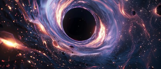 Black hole, swirling vortex, cosmic phenomenon, surrounded by glowing particles, ancient and mysterious, 3D render, backlight, chromatic aberration, Eyelevel angle - obrazy, fototapety, plakaty