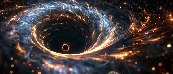 Fotobehang Black hole, swirling vortex, cosmic phenomenon, surrounded by glowing particles, ancient and mysterious, 3D render, backlight, chromatic aberration, Eyelevel angle © Jiraphiphat