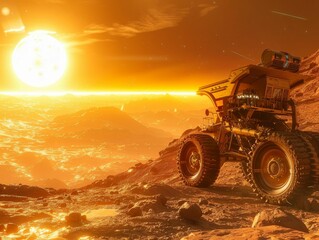 Brave Astral Miner, mining equipment, exploring the volatile environs near a neutron star, seeking valuable resources Photography, golden hour, vignette, Tracking shot view - obrazy, fototapety, plakaty