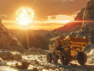 Brave Astral Miner, mining equipment, exploring the volatile environs near a neutron star, seeking valuable resources Photography, golden hour, vignette, Tracking shot view - obrazy, fototapety, plakaty