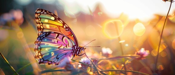 Butterfly, colorful patterns, graceful, fluttering through a sundappled meadow, sunny, photography, backlighting, chromatic aberration, Rack focus view - obrazy, fototapety, plakaty
