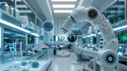 Cancerfighting Robot, Nanobots, Nanoparticles, Cuttingedge therapies, Futuristic laboratory, Realistic, Spotlight, HDR, Birdseye view