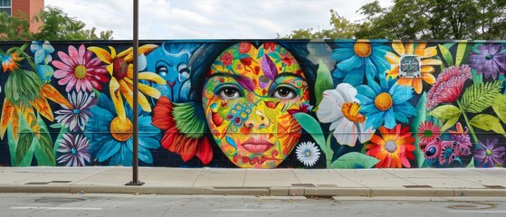Colorful murals, street art, city renewal, bustling streets transformed into vibrant art spaces, engaging community Realistic, Backlights, Vignette, Pointofview shot