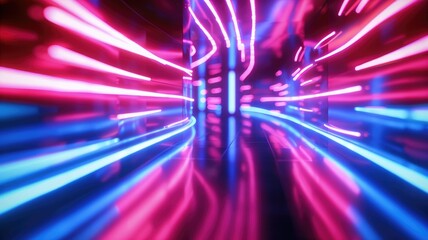 Abstract neon lights in blue and pink tones - Intense neon lights moving towards the camera in a tunnel-like formation with vibrant blue and pink colors