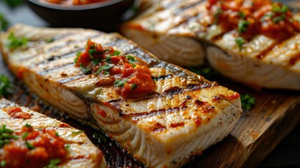 Grilled fish with chunky tomato garnish - Juicy grilled fish fillets topped with a chunky tomato herb garnish on a rustic wood board