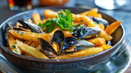 Gourmet mussels and fries in a stylish bowl - Indulge in gourmet mussels accompanied by fries in a stylish bowl, highlighting the art of plating and food presentation - obrazy, fototapety, plakaty