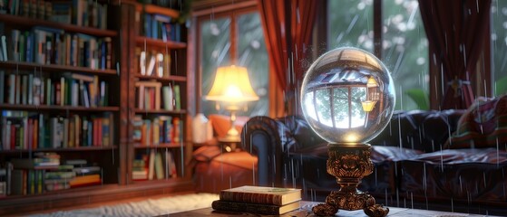 Crystal ball, ornate stand, revealing the secrets of the future in a cozy, bookfilled living room as rain taps gently on the window,3D Render,Rim Lighting,Vignette, Highangle view - obrazy, fototapety, plakaty