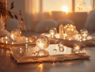 Crystals, shimmer, mystical aura, meditation space adorned with levitating balls reflecting the rooms serene mood Photography, golden hour, vignette, Rack focus view