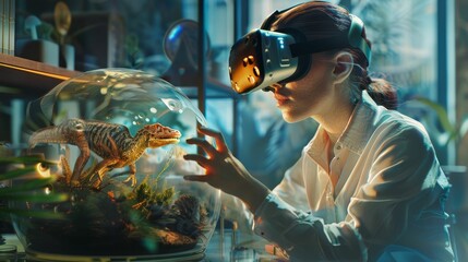 Cyber Archaeologist, VR Headset, Digital Fossil, Rediscovering extinct virtual species in preserved digital landscapes, digital regeneration of a virtual ecosystem - obrazy, fototapety, plakaty