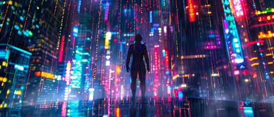 Cyber Cityscape, nanofiber jumpsuit, bustling metropolis of neon holograms, raining lines of binary code, virtual rain, photography, chromatic aberration, motion blur, Silhouette shot - obrazy, fototapety, plakaty