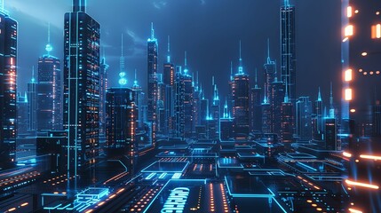 Digital currency, blockchain, changing regulations, growing compliance challenges, futuristic cityscape Realistic, backlighting, HDR , Panoramic view - obrazy, fototapety, plakaty