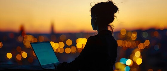 Digital Nomad, laptop, independent worker, traveling while working, reshaping traditional work norms, impact on urban planning Realistic Golden hour Depth of field bokeh effect, Silhouette shot - obrazy, fototapety, plakaty