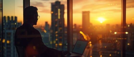 Digital Nomad, laptop, independent worker, traveling while working, reshaping traditional work norms, impact on urban planning Realistic Golden hour Depth of field bokeh effect, Silhouette shot