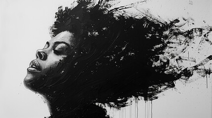 Black Freedom Day. Chaos in Harmony. A breathtaking black and white abstract painting depicting the sigh of freedom of a dark-skinned persona.