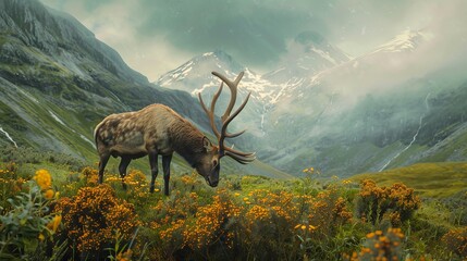 Majestic Irish Elk in Lush Meadow - obrazy, fototapety, plakaty
