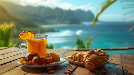 Tropical breakfast with fresh fruit tea and pastry with the ocean and green hills on background