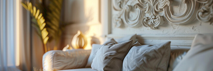 Detail shot of a decorative wall hanging in a bedroom, hyperrealistic photography of modern interior design