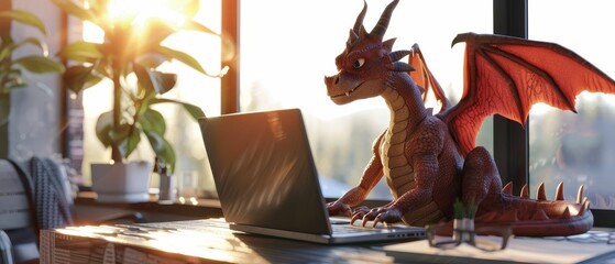Dragon, Laptop, Workplace, Dragon working on a laptop in a contemporary office setting, Sunny afternoon, Realistic Image, Backlights, HDR Effect, Highangle view - obrazy, fototapety, plakaty