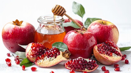 Fruits such as apples and pomegranate, and a jar of honey placed isolated on a white background.