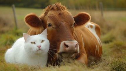 white cat and brown cow lying on the grass on the pasture.  - Powered by Adobe