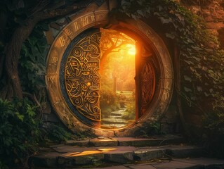 Enchanted Portals, Adorned with Symbols, Whispering Secrets of Ancient Worlds, waiting to be unveiled A Fusion of Myth and Magic Photography, Golden Hour, Vignette, Dolly zoom effect - obrazy, fototapety, plakaty