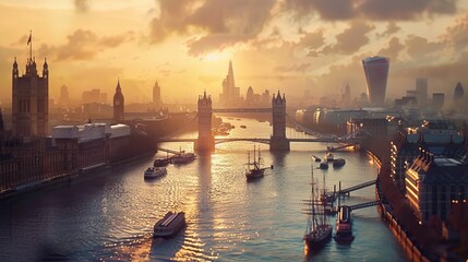 Vintage London Thames River Panorama - obrazy, fototapety, plakaty