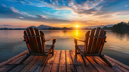 Two wooden chairs on a wood pier overlooking a lake at sunset