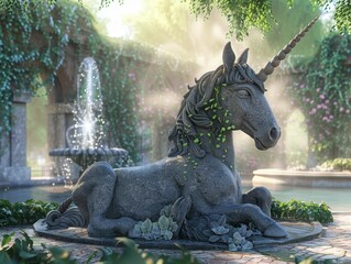 Enchanted Unicorn, magical horn, mythical creature captured in stone, situated in a peaceful sculpture garden adorned with ivy and fountains Presented in a 3D render - obrazy, fototapety, plakaty