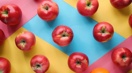 Red apples arranged on a colorful surface, seen from above. Perfect for fall decorations, with ample space for adding your own design or text. - obrazy, fototapety, plakaty