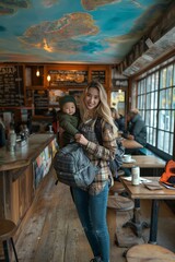European mother held a six-month-old baby in one arm and on the table in a cafe created by ai