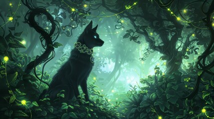 Familiar, enchanted collar, a loyal companion, roaming through a magical forest intertwined with glowing vines,Photography,Silhouette Lighting,HDR, Pointofview shot
