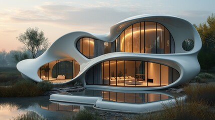 white modern, futuristic house near the lake on he summer evening. 