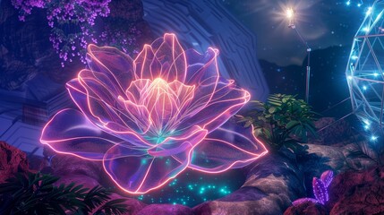 Galactic Flower, Vines, Enormous petals, Flourishing within a crystallike greenhouse on a distant planet, Radiant neon glow, 3D Render, Spotlight, Depth of Field Bokeh Effect, Crane shot view