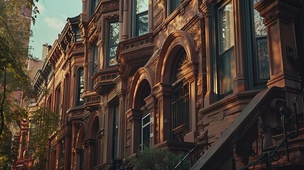 Historic Brownstone Buildings with Decorative Facades - obrazy, fototapety, plakaty