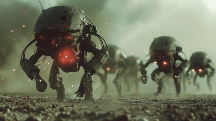 Future Conflict Scene with Autonomous Drones and Robotic Soldiers