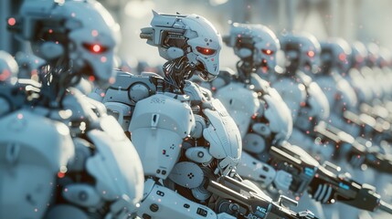 Fototapeta premium Future Conflict Scene with Autonomous Drones and Robotic Soldiers