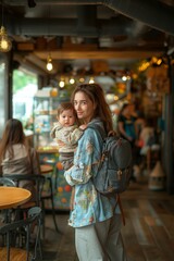 European mother held a six-month-old baby in one arm and on the table in a cafe created by ai