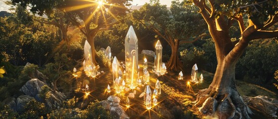 Glowing crystals, futuristic energy harvesting method, in a lush forest clearing surrounded by ancient trees Realistic, Golden hour lighting, Lens Flare, Birdseye view
